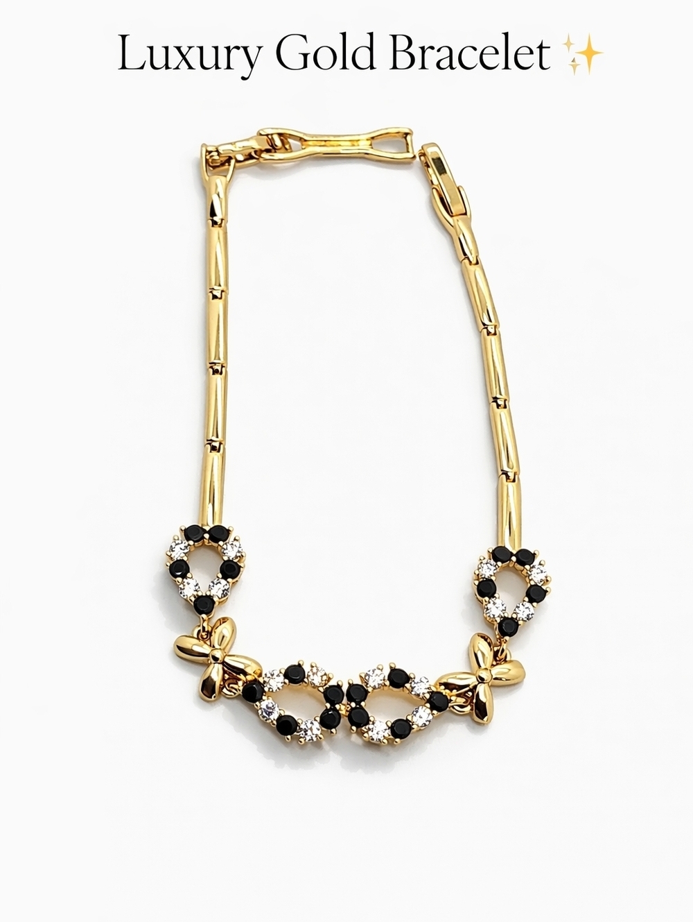 Gold Plated Bracelet Black Crystal Flower Dainty Elegant Jewelry 7"